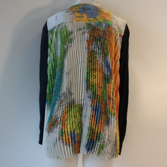 Women Sacai Navy Multicolor World Map Mixed Media Knit V-Neck Cardigan Sweater L - Picture 6 of 11